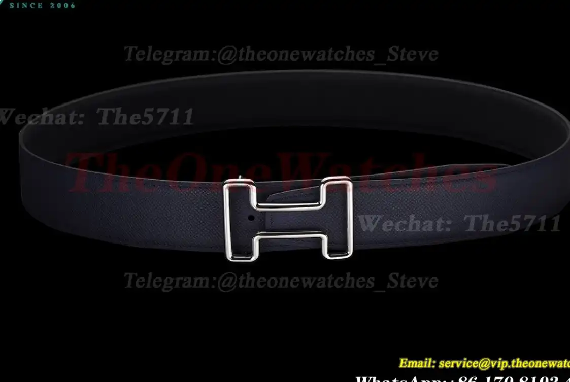 Silver Hermes SS Buckle on Blue Leather Belt 3.8cm