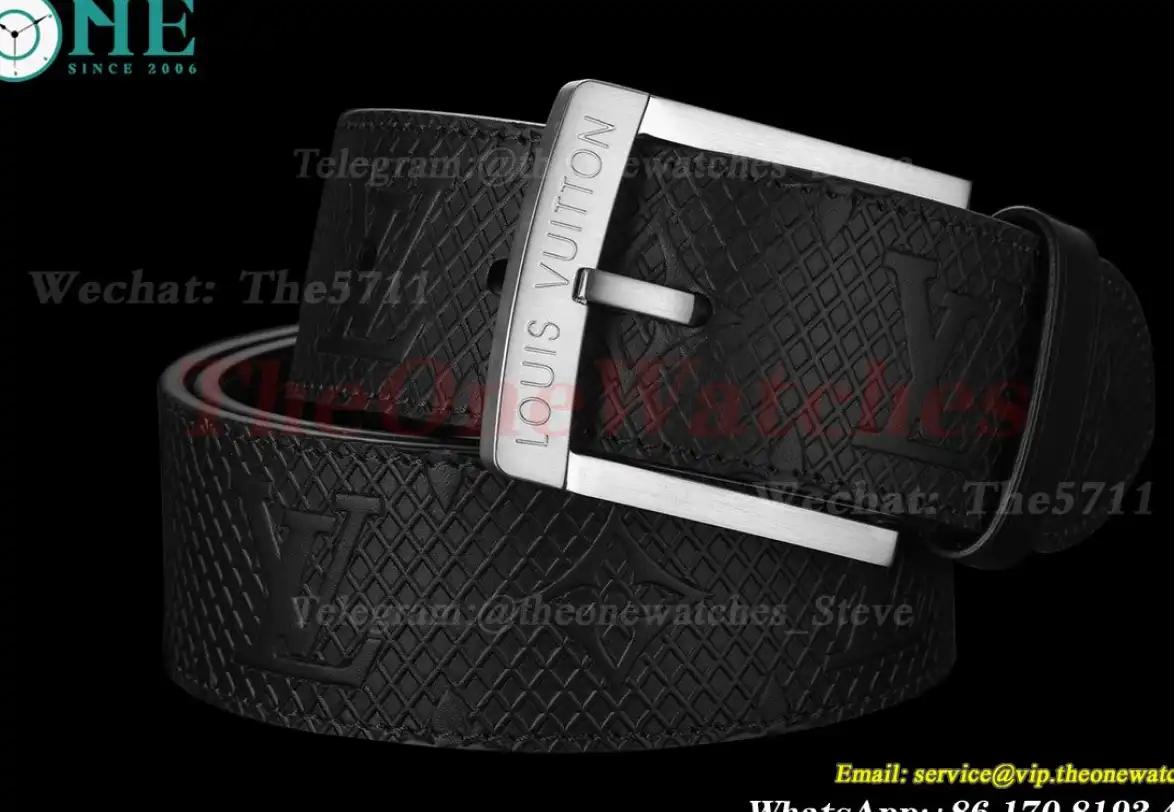 Silver LV SS Buckle on Black Checkered Leather Belt 3.5cm