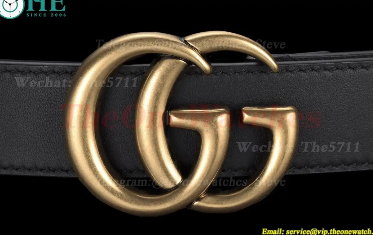 Gold Double G Buckle on Black Leather Belt 3.0cm