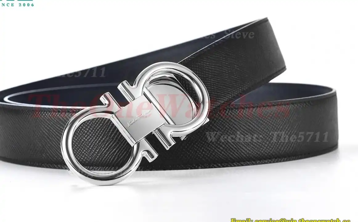 Silver Brass Buckle on Black Blue Leather Belt 3.5cm