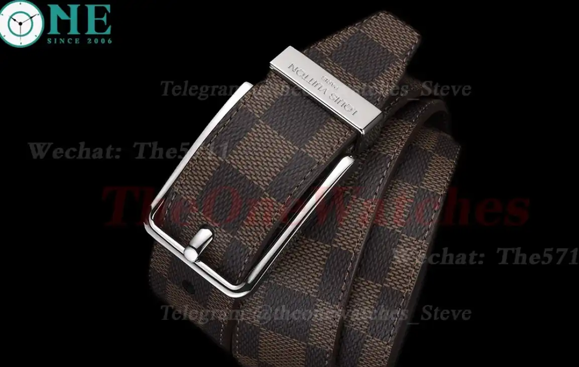 Silver LV SS Buckle on Brown Leather Belt 3.5cm