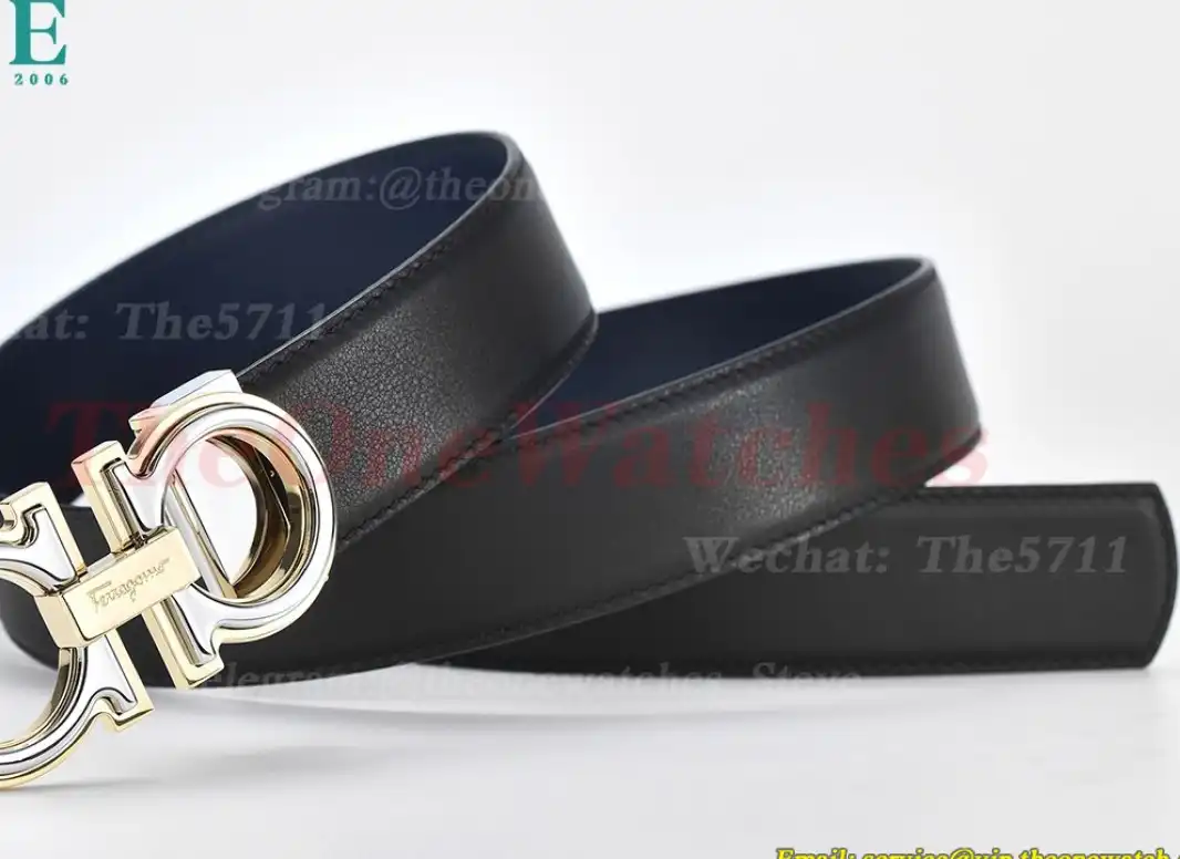 YG Brass Buckle on Black Blue Leather Belt 3.5cm