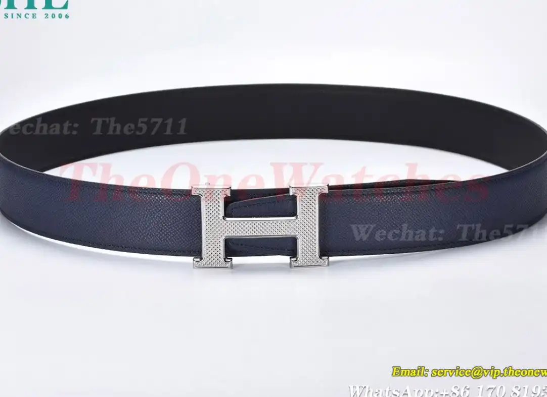 YG Hermes SS Buckle on Blue Black Leather Belt 3.8cm