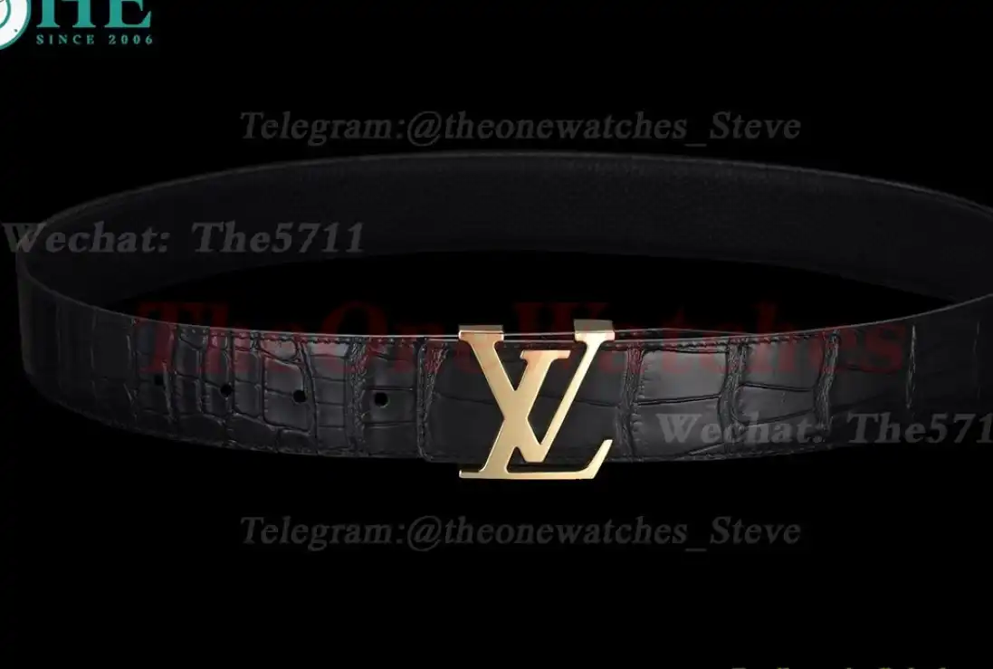 Yellow Gold LV Brass Buckle on Black Leather Belt 4.0cm