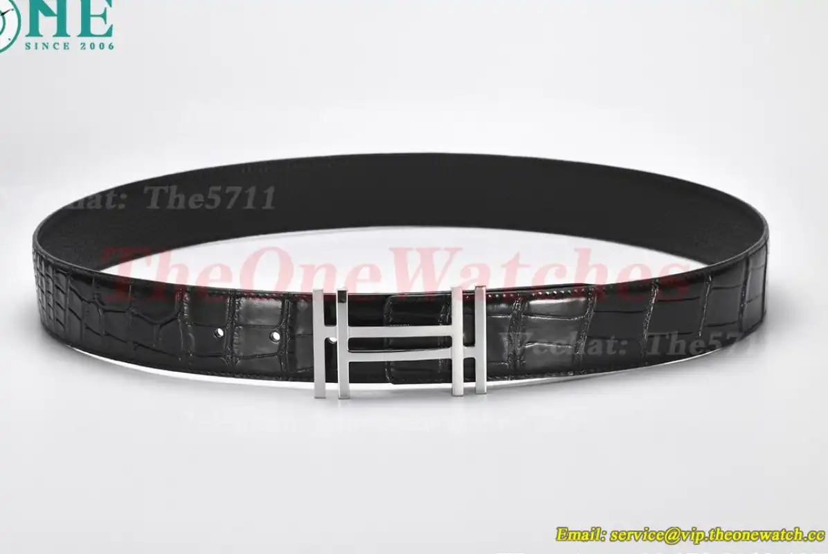 Silver Hermes SS Buckle on Black Black Leather Belt 3.8cm