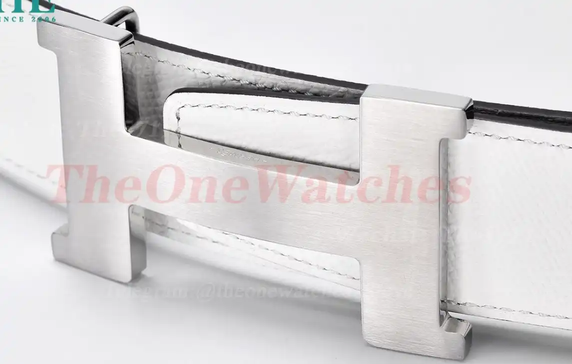 Silver Hermes SS Buckle on White Black Leather Belt 3.8cm