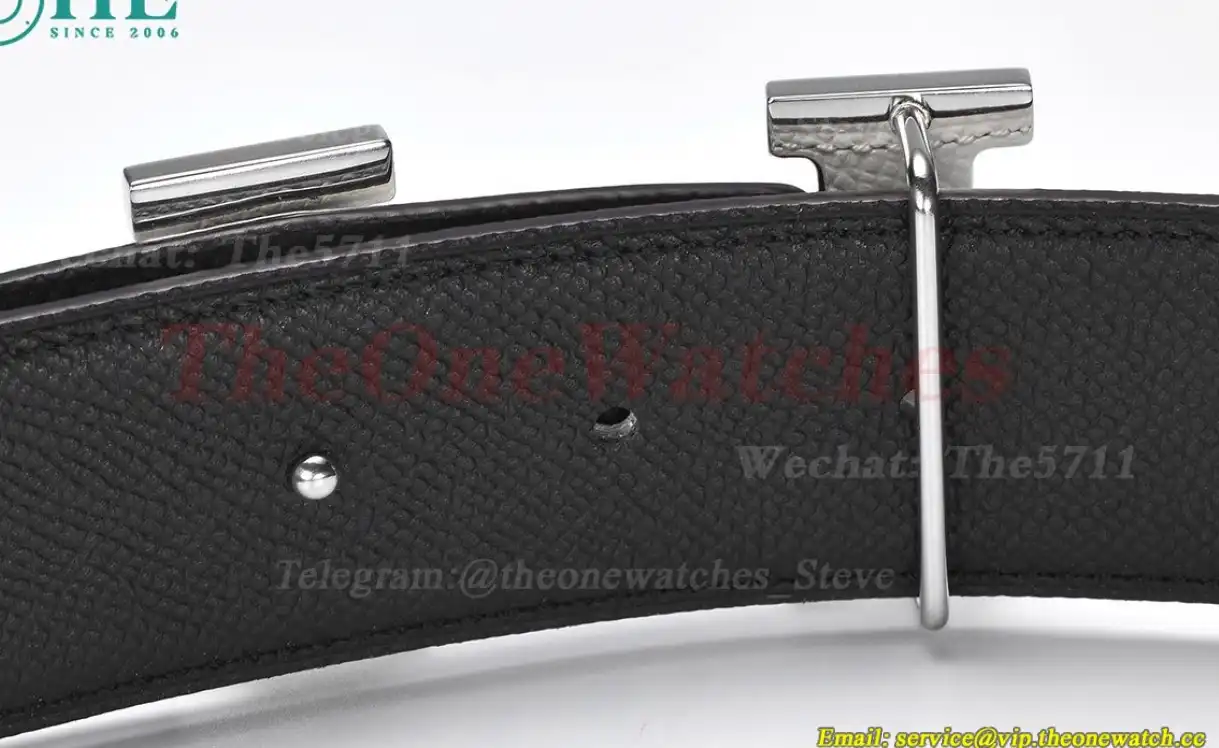 Silver Hermes SS Buckle on White Black Leather Belt 3.8cm