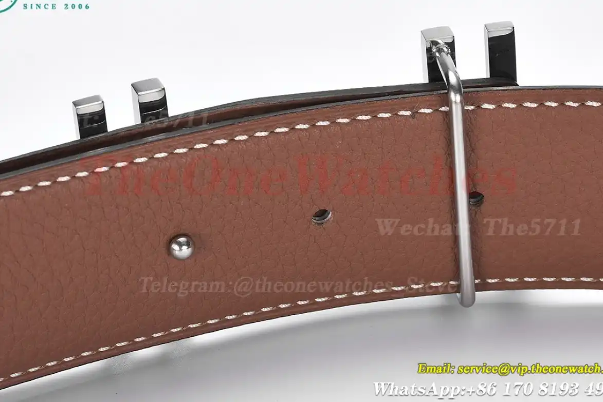 Silver Hermes SS Buckle on Brown Black Leather Belt 3.8cm