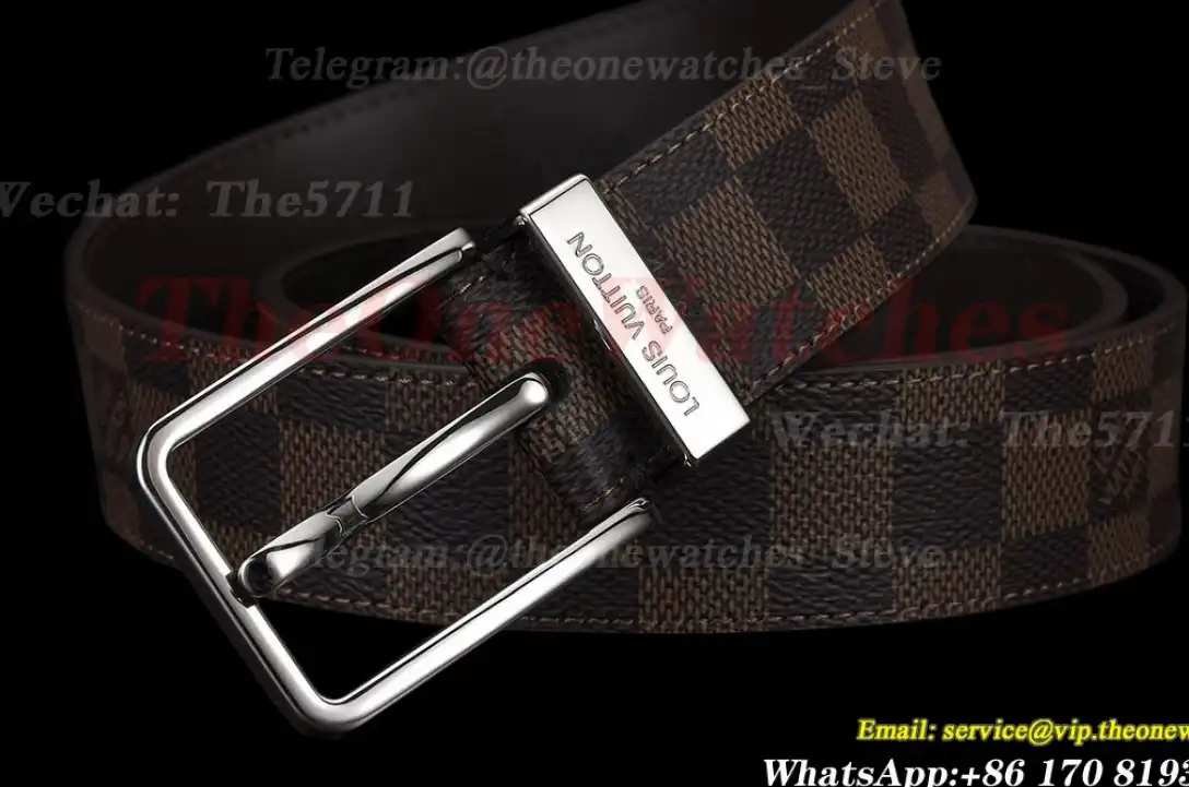 Silver LV SS Buckle on Brown Leather Belt 3.5cm