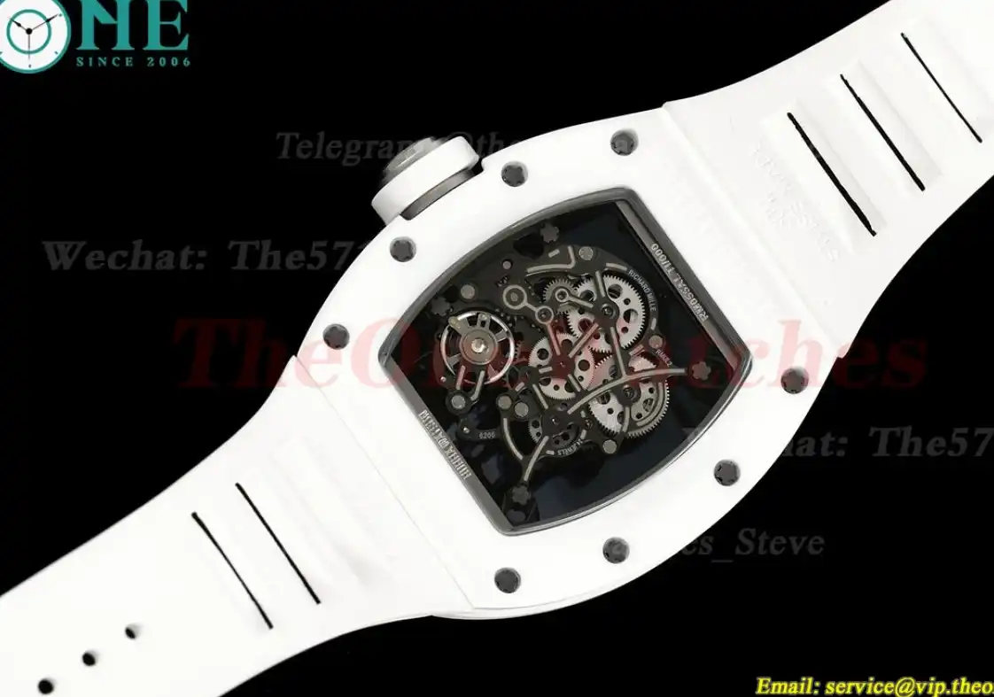 RM055 White Ceramic Skeleton Dial On White Rubber Strap T+F RMUL2