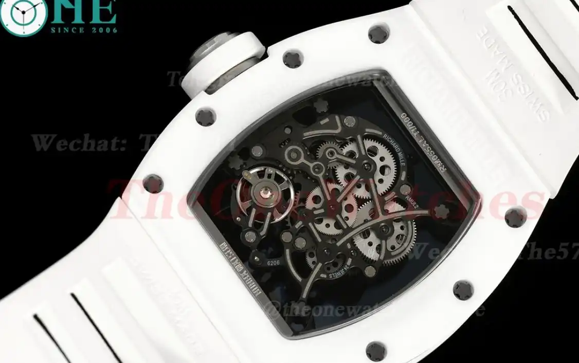 RM055 White Ceramic Skeleton Dial On White Rubber Strap T+F RMUL2