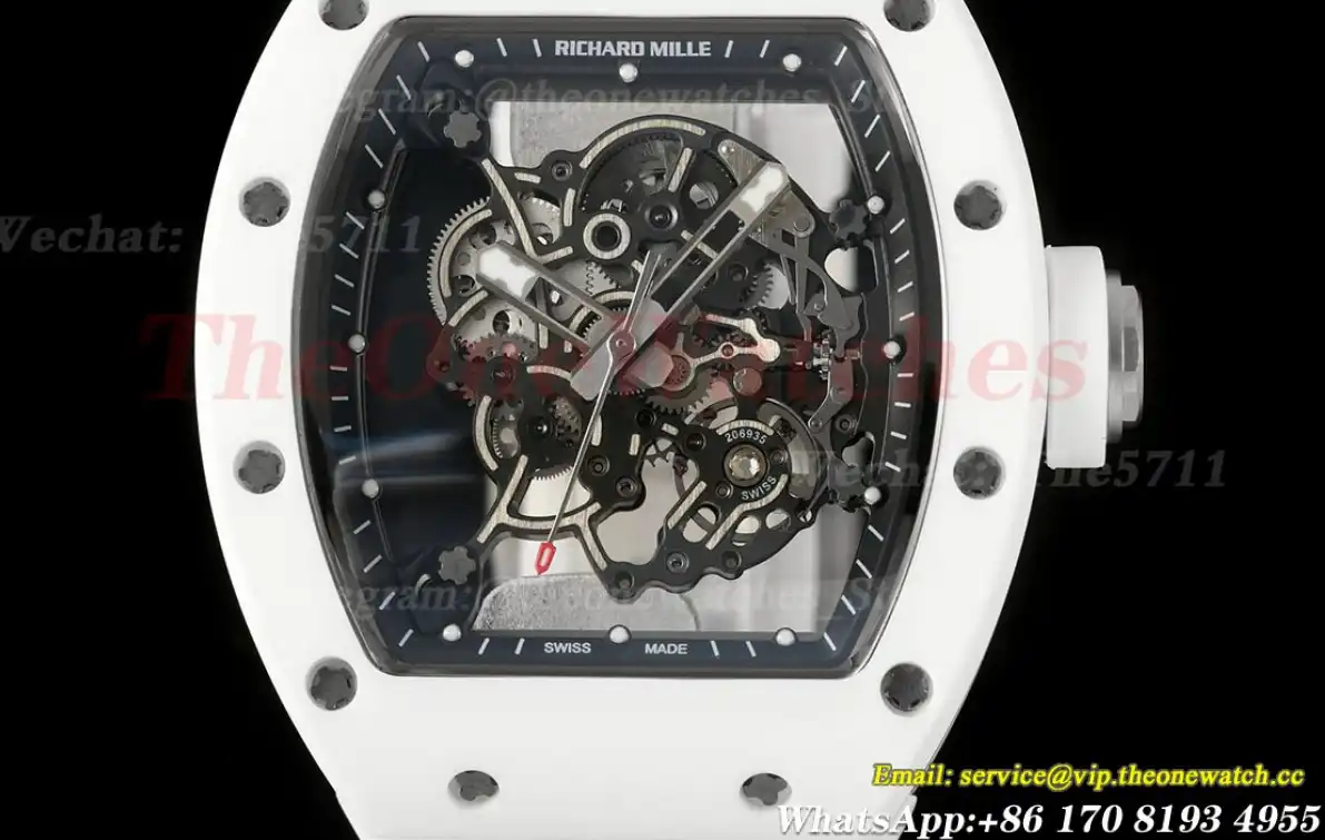 RM055 White Ceramic Skeleton Dial On White Rubber Strap T+F RMUL2