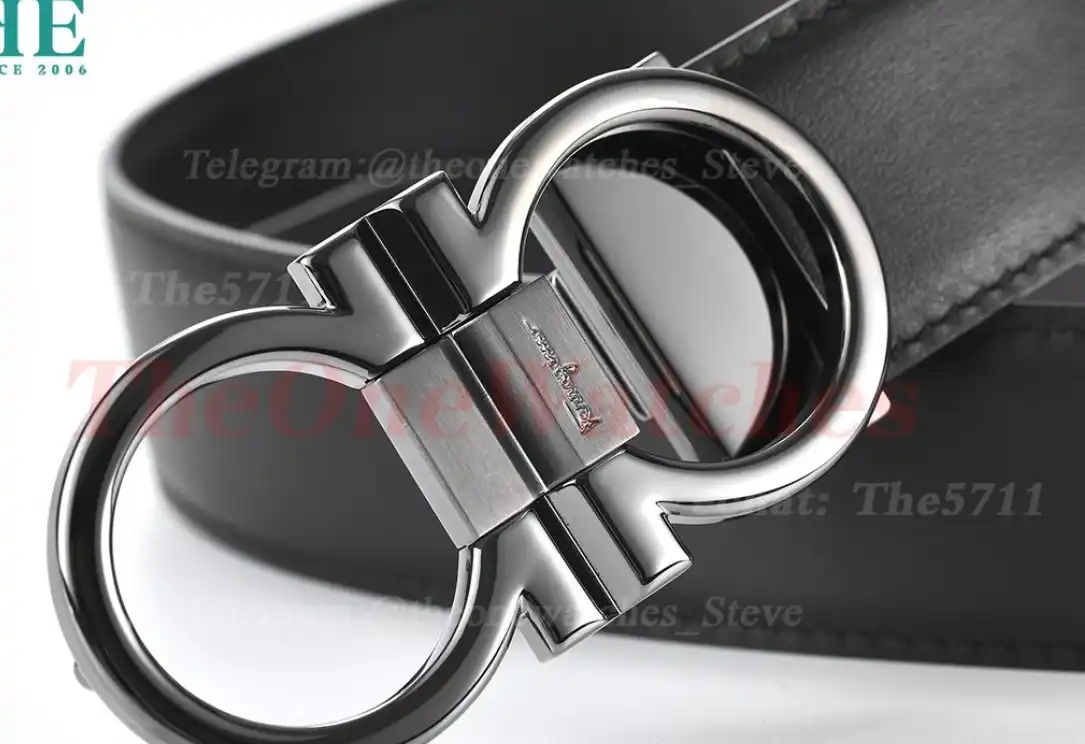 Bright Grey Brass Buckle on Black Black Leather Belt 3.5cm