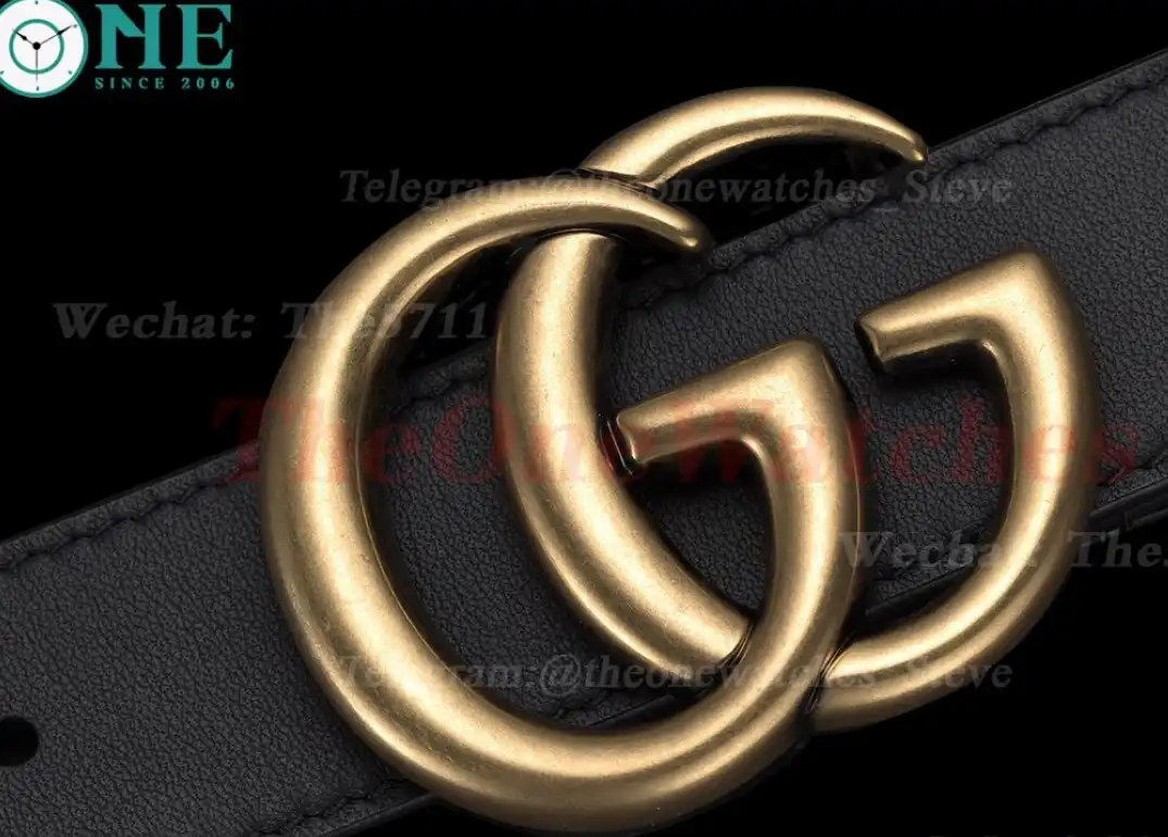 Gold Double G Buckle on Black Leather Belt 3.0cm