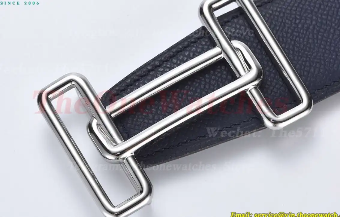 Silver Hermes SS Buckle on Blue Black Leather Belt 3.8cm