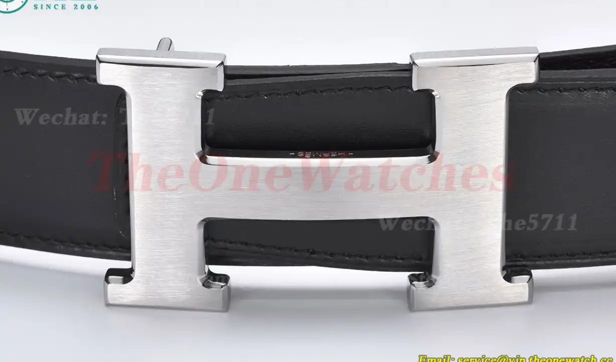 Silver Hermes SS Buckle on Brown Black Leather Belt 3.8cm