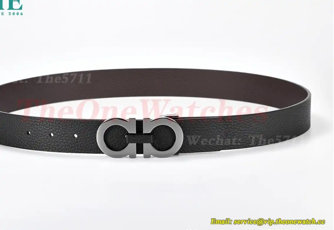 Bright Grey Brass Buckle on Black Brownish Leather Belt 3.5cm