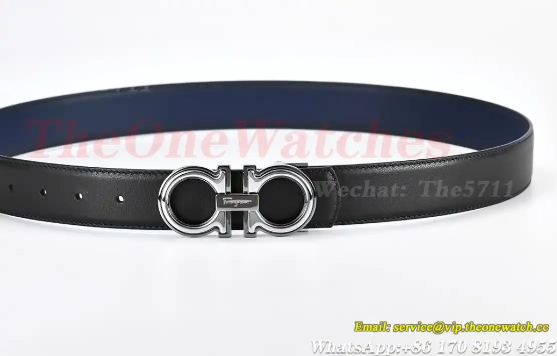 Silver Brass Buckle on Black Blue Leather Belt 3.5cm