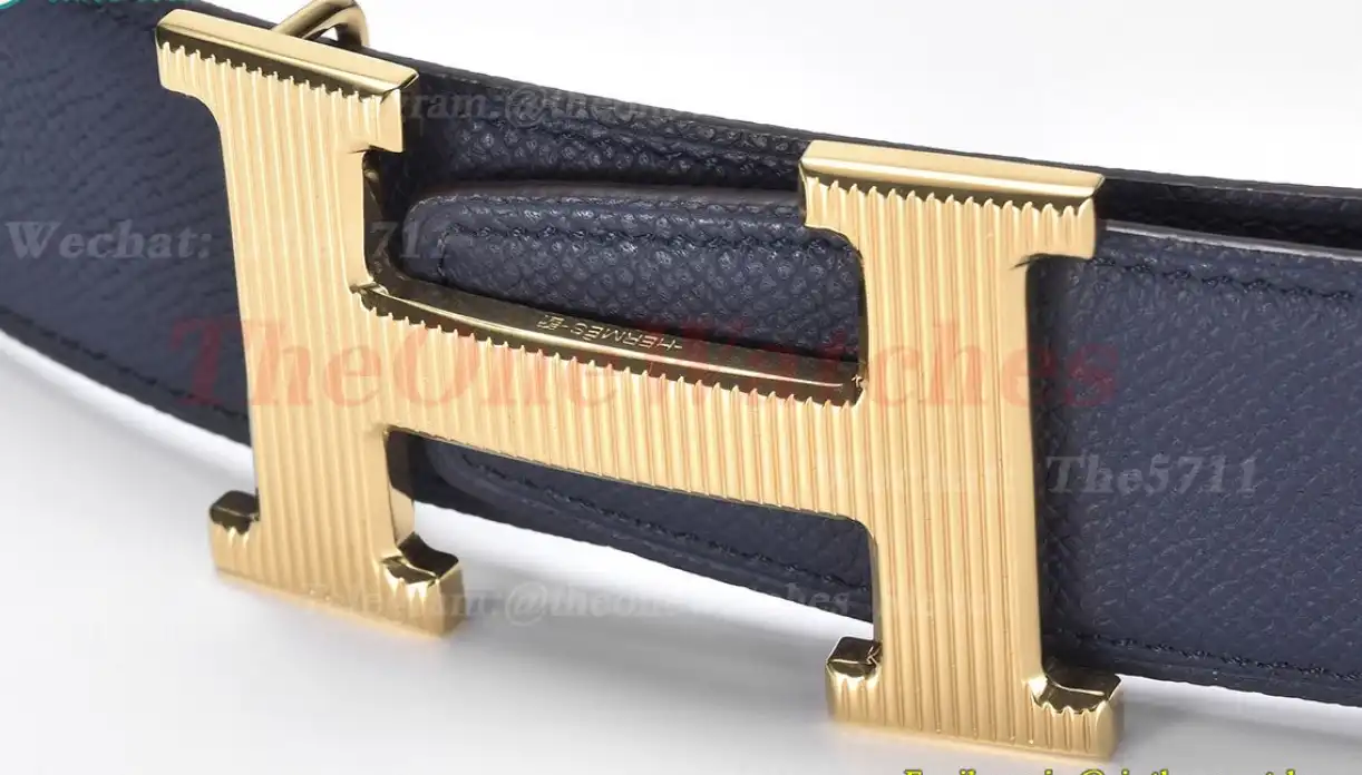 YG Hermes SS Buckle on Blue Black Leather Belt 3.8cm