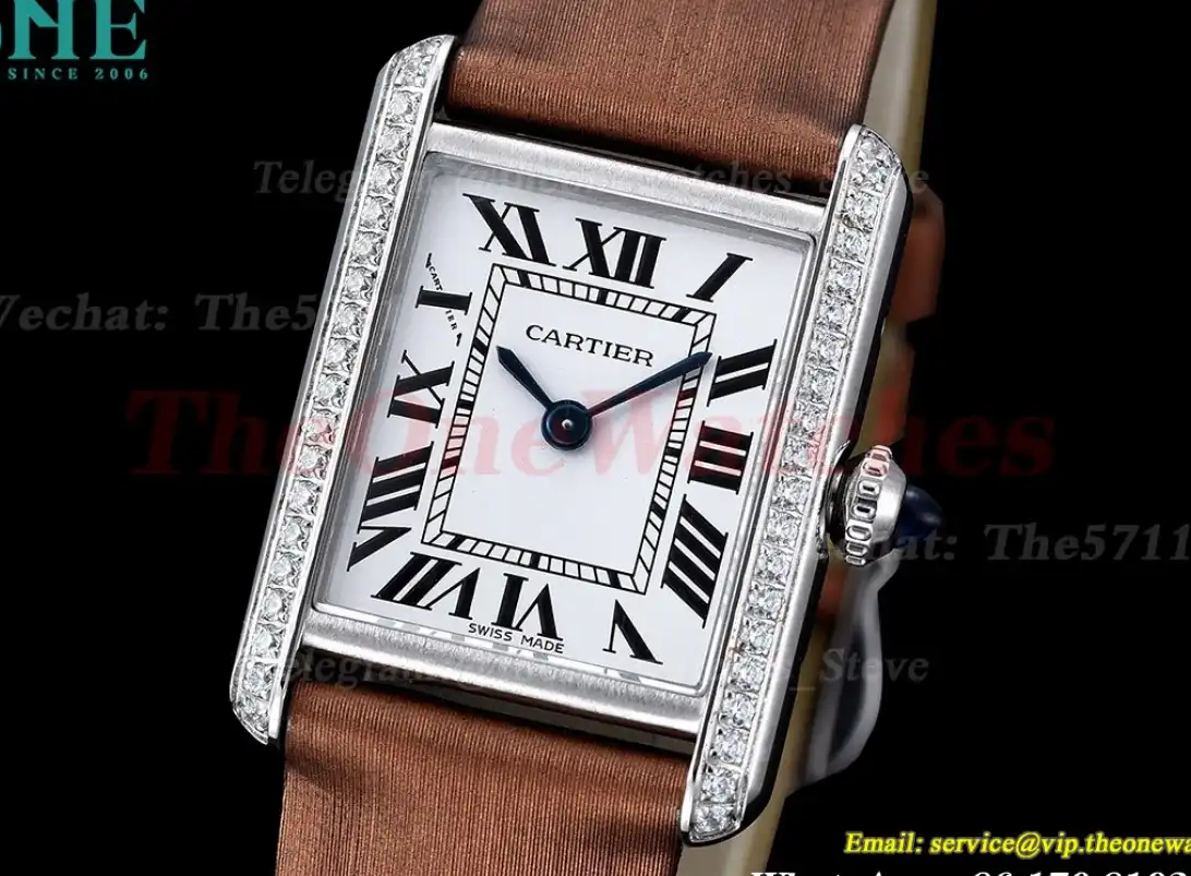 Tank Must Small Diamond Bezel On Brown Satin Strap K11F Quartz