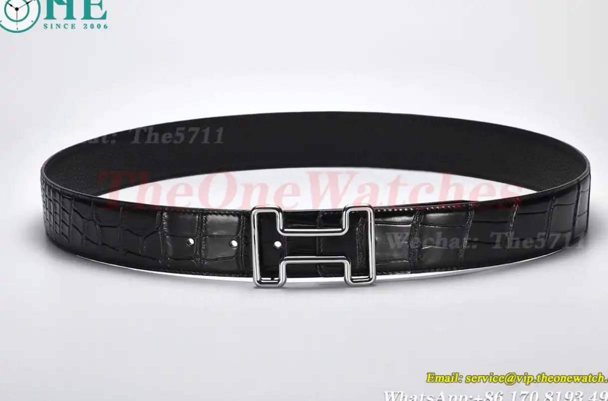 Silver Hermes SS Buckle on Black Black Leather Belt 3.8cm