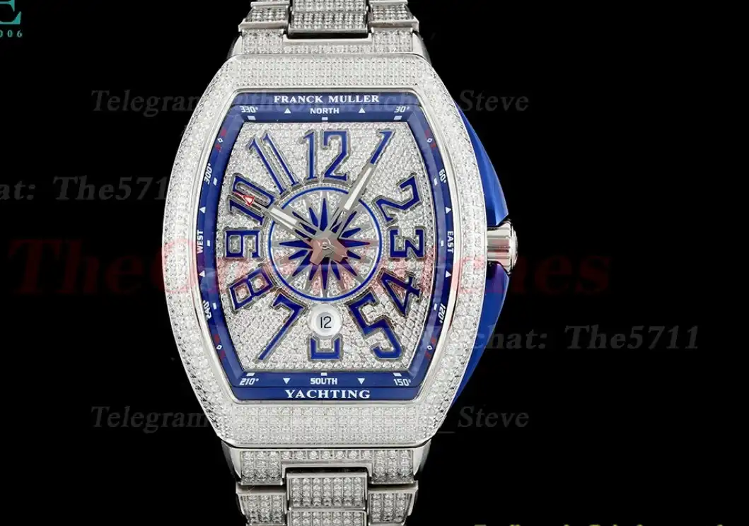 Yachting Mens 44mm Full Diamond SS SS Blue ABF A2824