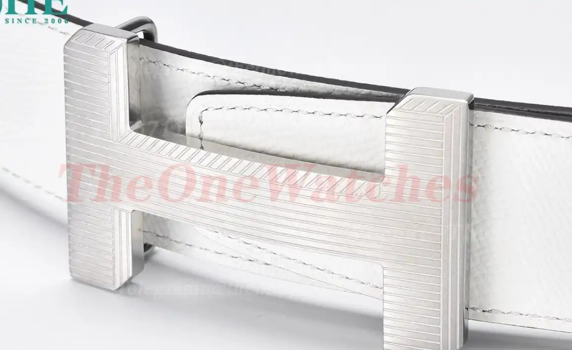 Silver Hermes SS Buckle on White Black Leather Belt 3.8cm