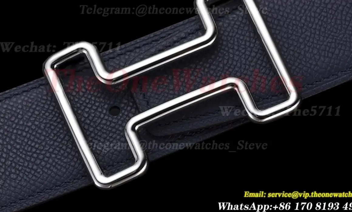 Silver Hermes SS Buckle on Blue Leather Belt 3.8cm