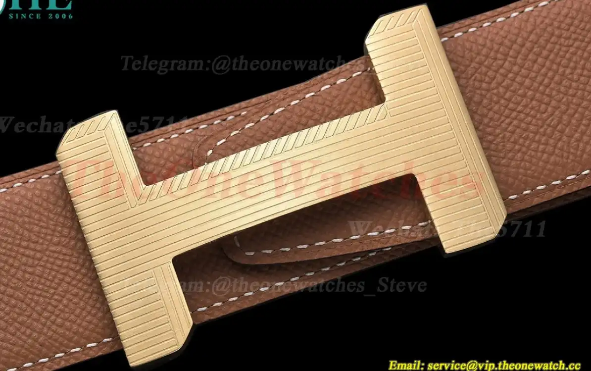 Yellow Gold Hermes SS Buckle on khaki Leather Belt 3.8cm