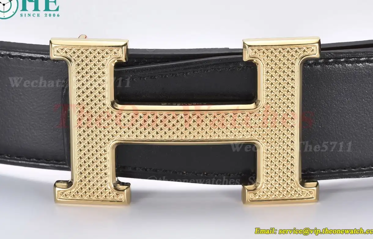 YG Hermes SS Buckle on Orange Black Leather Belt 3.8cm