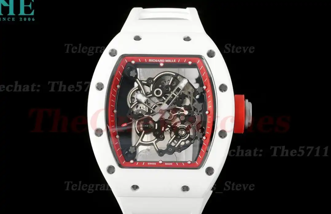 RM055 White Ceramic Red Skeleton Dial On White Rubber Strap T+F RMUL2