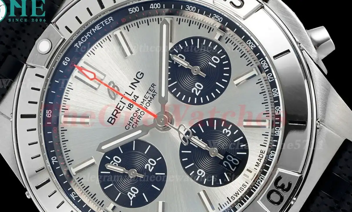 Chronomat B01 42MM Silver Dial on Rouleaux Rubber Strap TF A7750