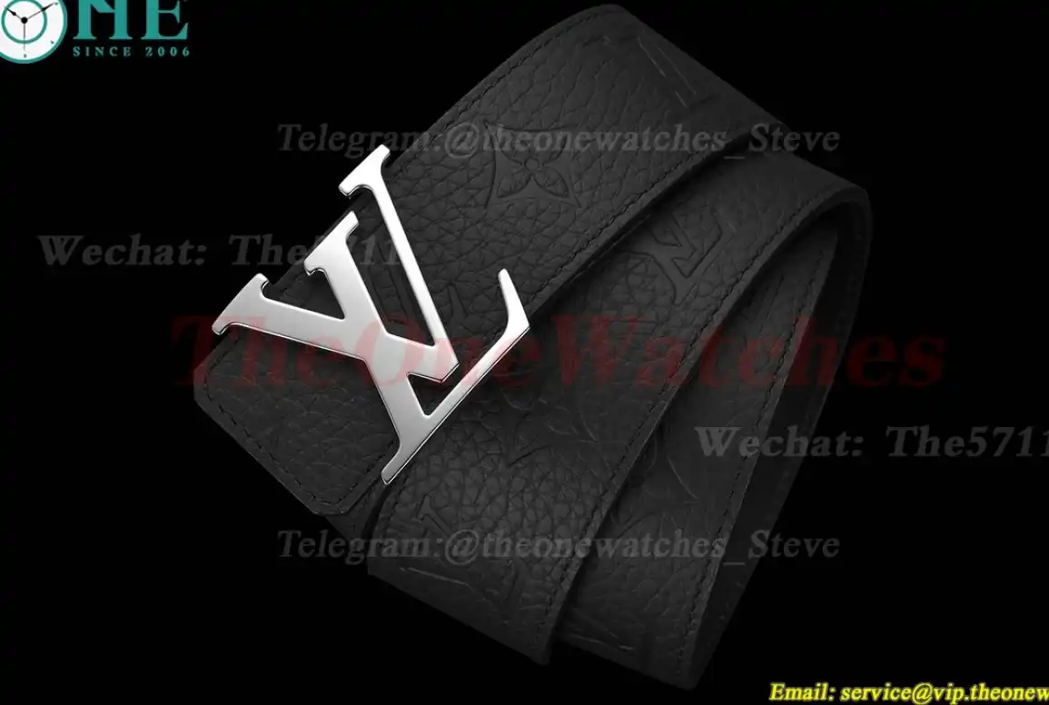 Silver LV Brass Buckle on Black Leather Belt 4.0cm