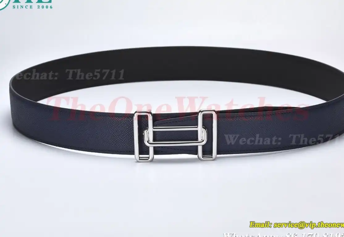 Silver Hermes SS Buckle on Blue Black Leather Belt 3.8cm