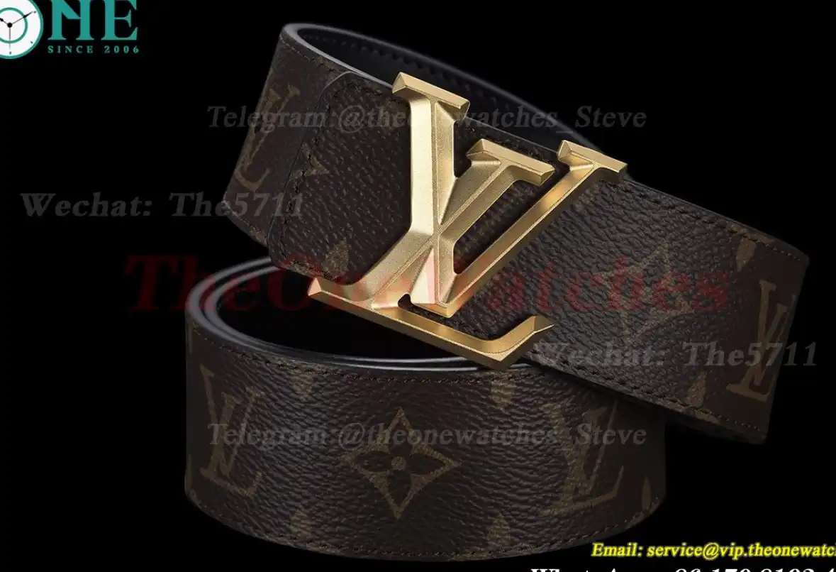 Yellow Gold LV Brass Buckle on Brown Leather Belt 4.0cm