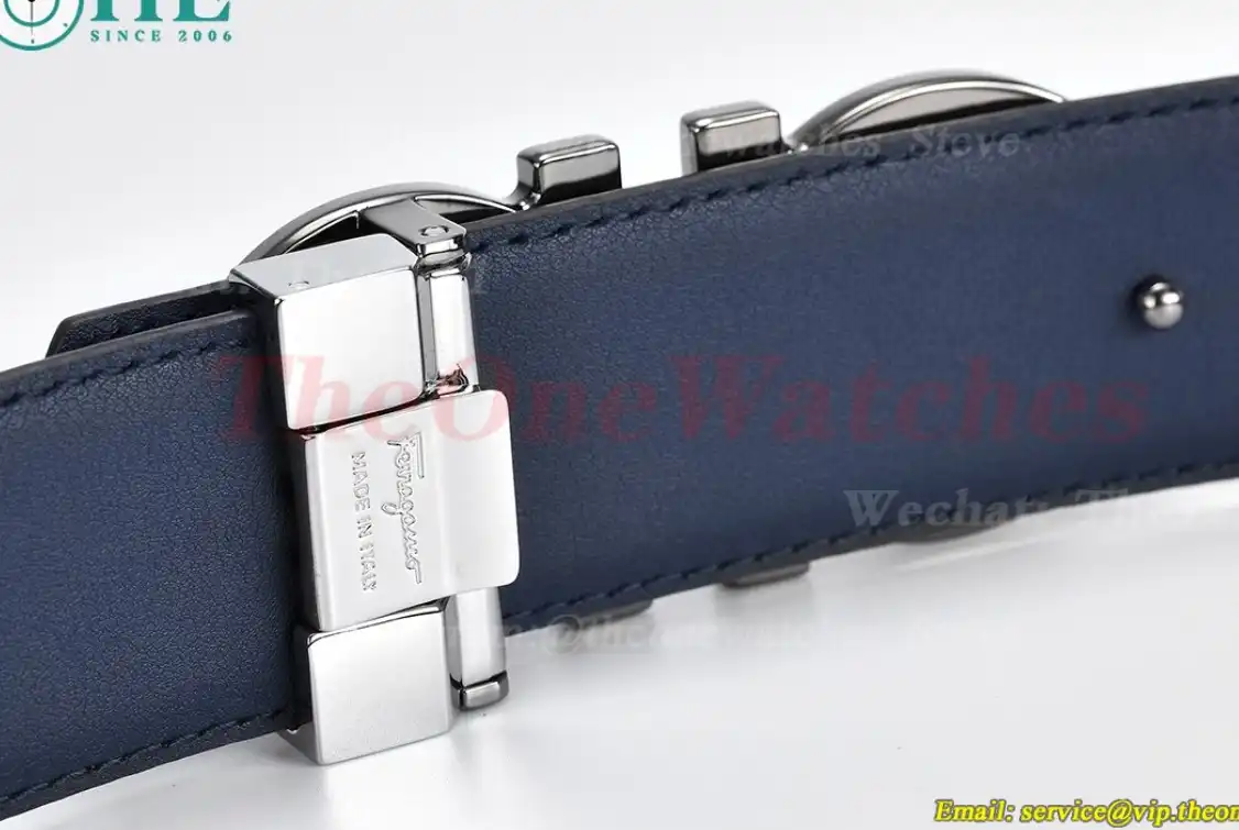 Silver Brass Buckle on Black Blue Leather Belt 3.5cm