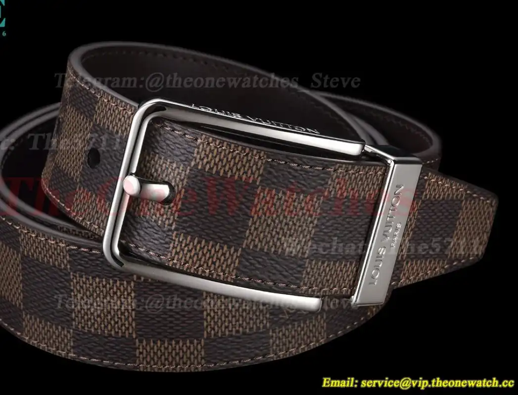 Silver LV SS Buckle on Brown Leather Belt 3.5cm