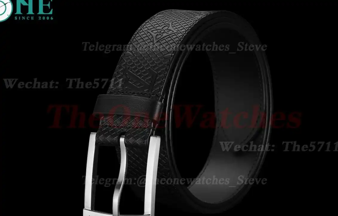 Silver LV SS Buckle on Black Checkered Leather Belt 3.5cm