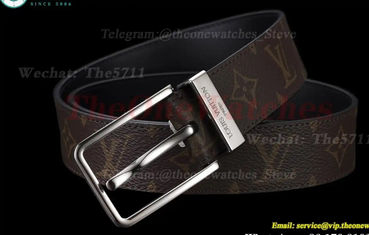 Silver LV SS Buckle on Brown Leather Belt 3.5cm