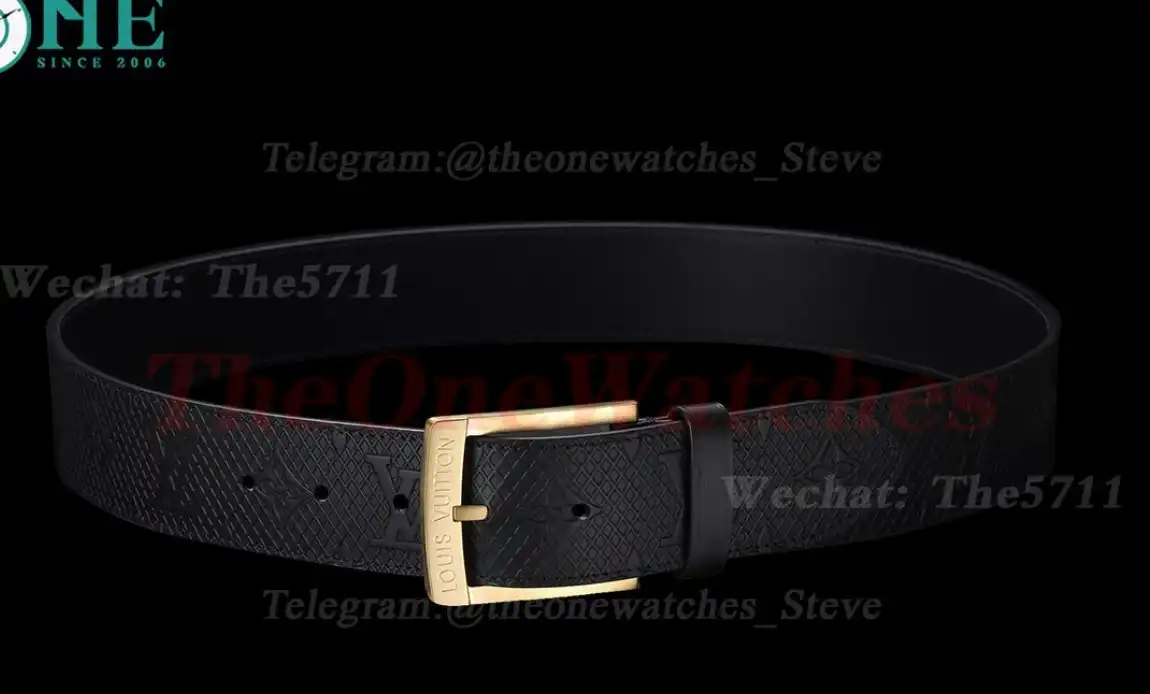 Yellow Gold LV Brass Buckle on Black Leather Belt 4.0cm