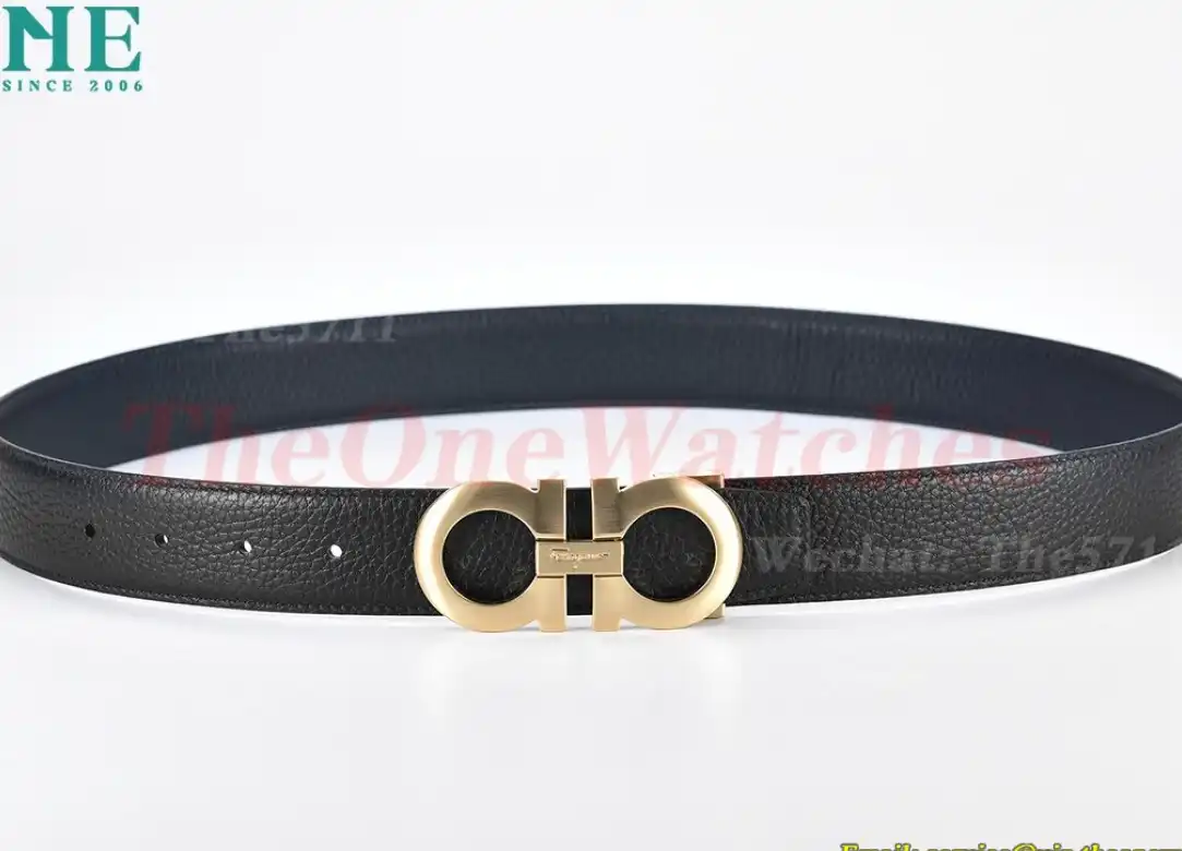 YG Brass Buckle on Black Blue Leather Belt 3.5cm