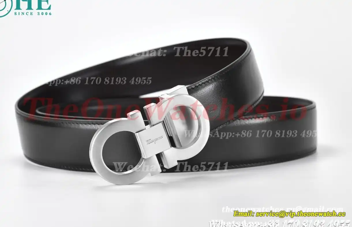 Silver Brass Buckle on Black Black Leather Belt 3.5cm