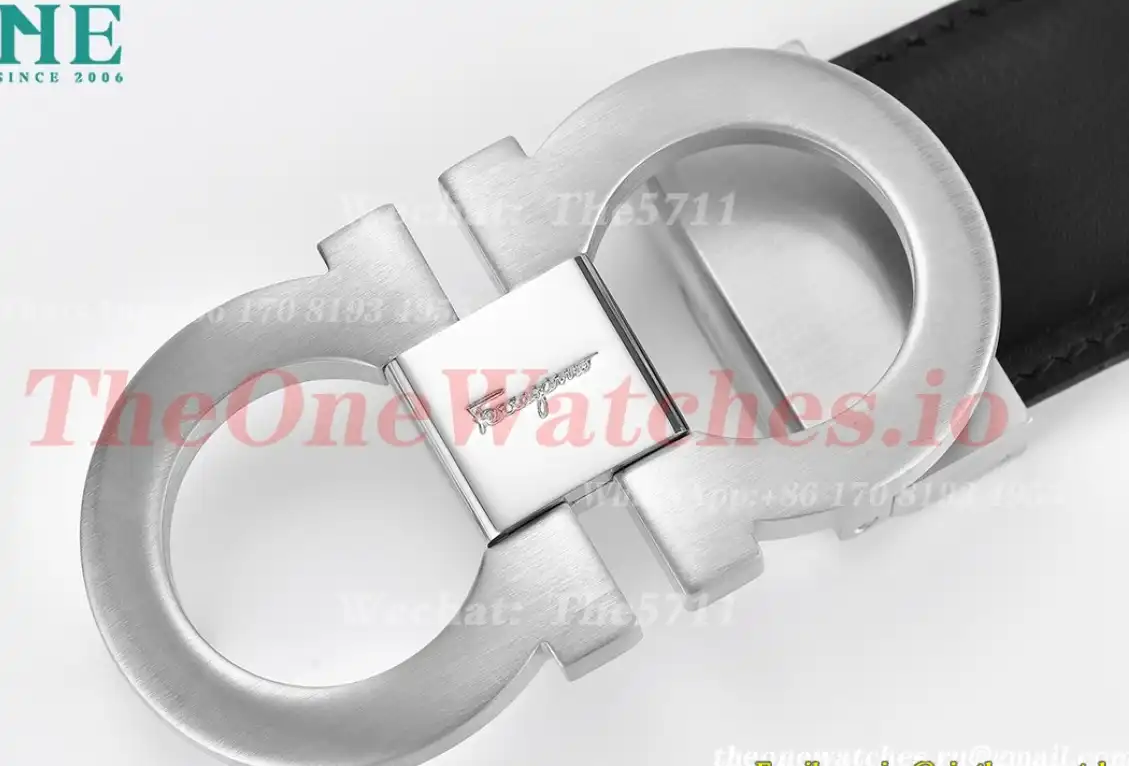 Silver Brass Buckle on Black Black Leather Belt 3.5cm