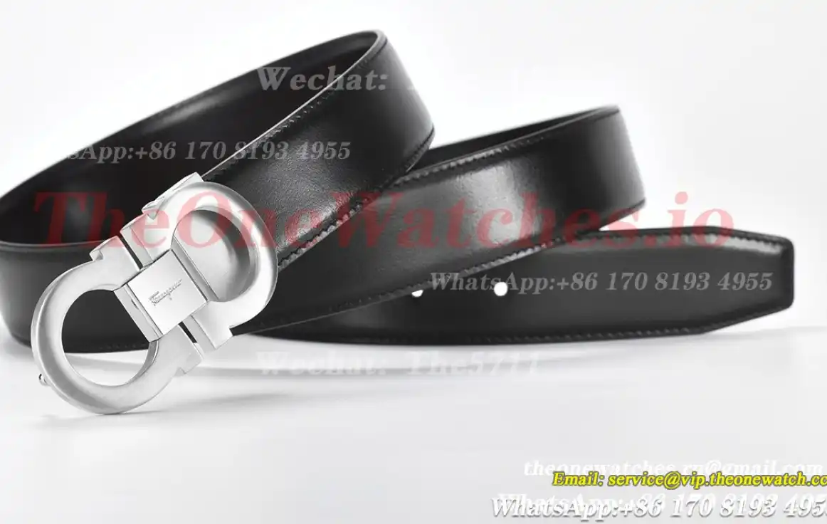 Silver Brass Buckle on Black Black Leather Belt 3.5cm