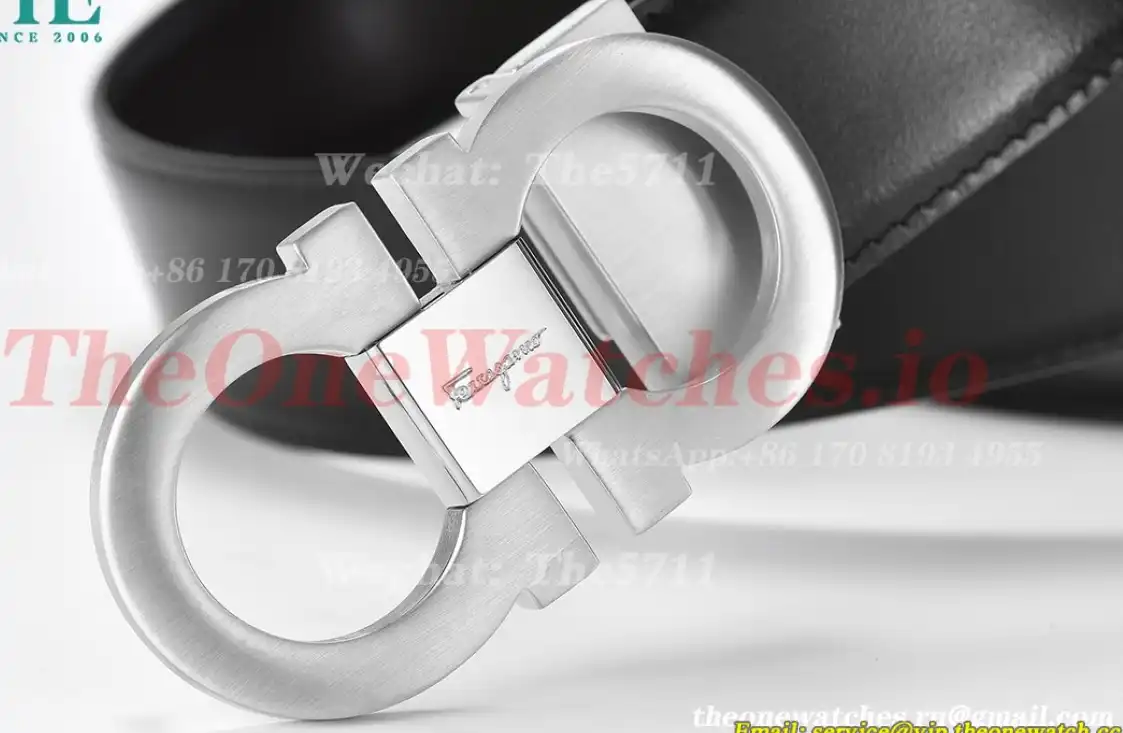 Silver Brass Buckle on Black Black Leather Belt 3.5cm