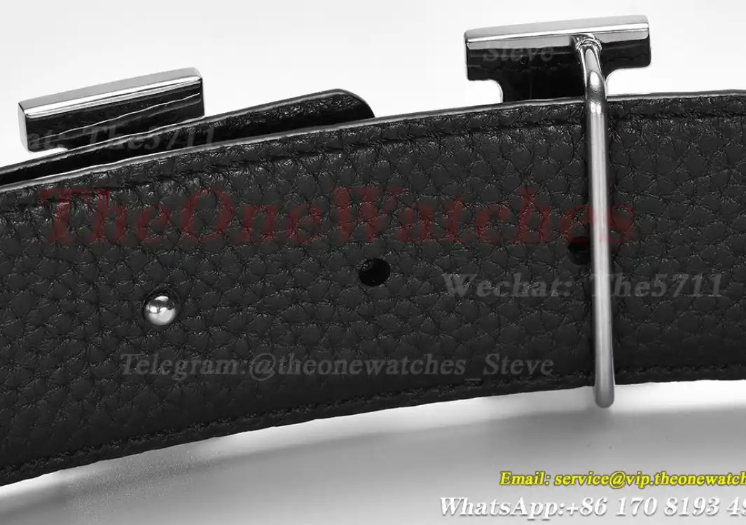 Silver Hermes SS Buckle on Black Black Leather Belt 3.8cm