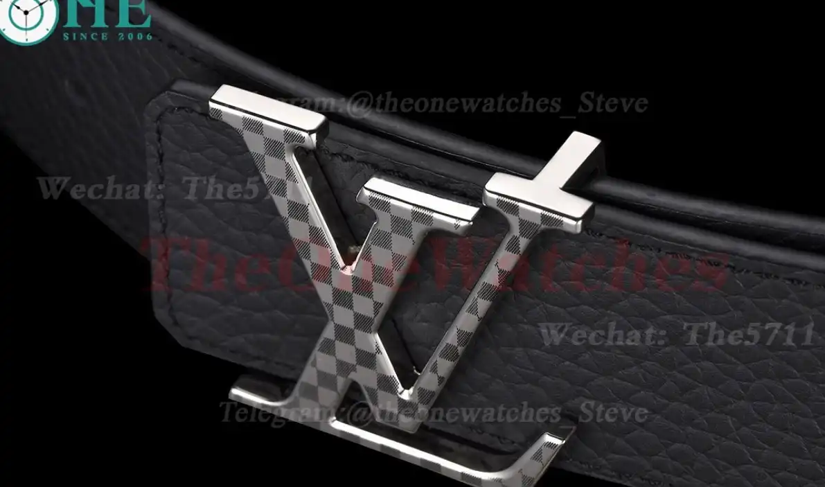 Silver Stamp LV Brass Buckle on Black Leather Belt 4.0cm