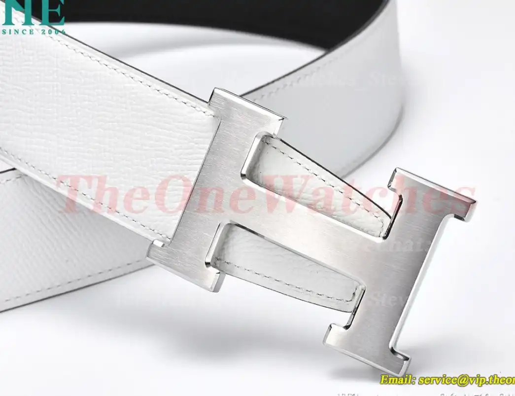 Silver Hermes SS Buckle on White Black Leather Belt 3.8cm