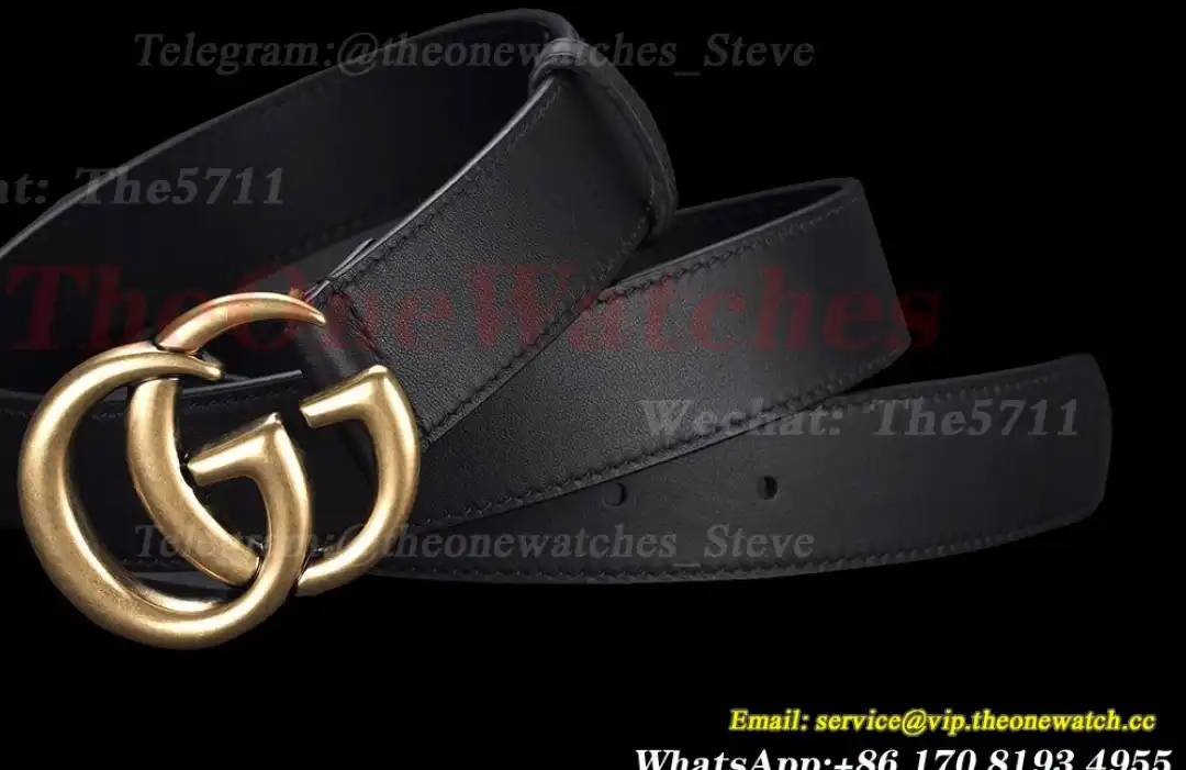 Gold Double G Buckle on Black Leather Belt 3.0cm