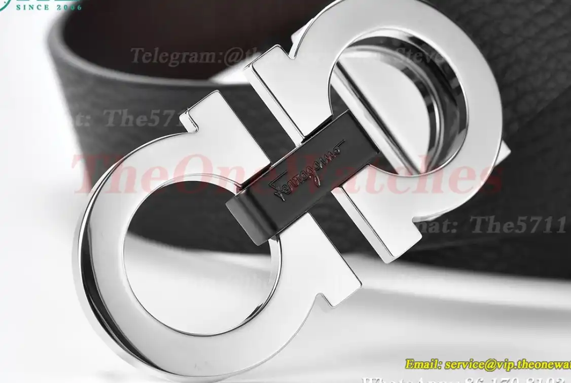 Silver Brass Buckle on Black Brownish Leather Belt 3.5cm